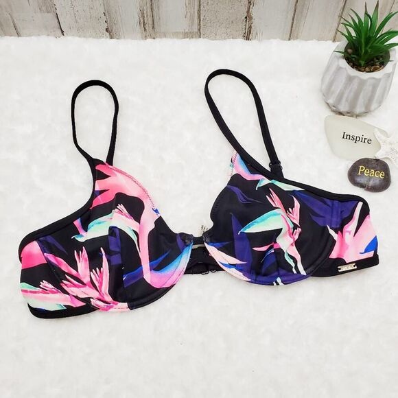 PINK Floral Swimsuit Bikini Top Black Pink Size Medium - Picture 1 of 7